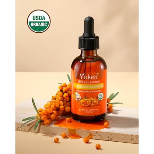 USDA Sea Buckthorn Oil Organic for Face Hair & Nails 2oz - 100% Cold Pressed Natural Facial Oils from SeaBuckthorn Berry for Deep Hydration & Skin Nourishment, aceite de espino amarillo organico