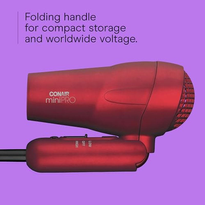 Conair Mini Pro Hair Dryer, Travel Hair Dryer with Folding Handle, Red