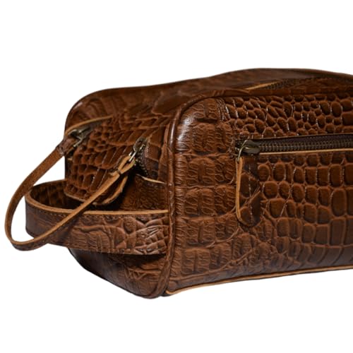 Premium Buffalo Leather Unisex Toiletry Bag Travel Kit (King Size) Shaving kit Accessories :Shaving Brush Case, Razor Protective Travel Case (Combo of 4 Items) (Crocodile Print)