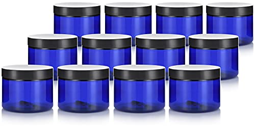 12 Pack 6oz Cobalt Blue PET Plastic Jars with Black Lid - Storage Containers