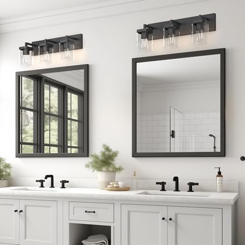 Bathroom Vanity Light Fixture - Black 3-Light Square Design & Large Backplate - Modern Wall Sconce Variation of THIS listing