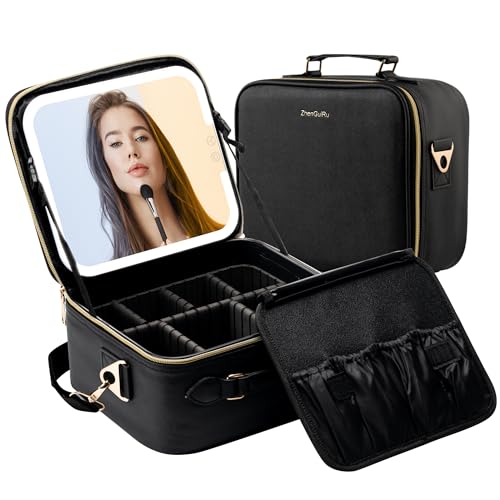 SJD Travel Makeup Bag with LED Mirror, Portable Cosmetic Case Organizer with Lighted Mirror, Waterproof Makeup Case for Cosmetic Brush Holder Storage, Black Toiletry Bag for Women Gift