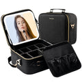 SJD Travel Makeup Bag with LED Mirror, Portable Cosmetic Case Organizer with Lighted Mirror, Waterproof Makeup Case for Cosmetic Brush Holder Storage, Black Toiletry Bag for Women Gift