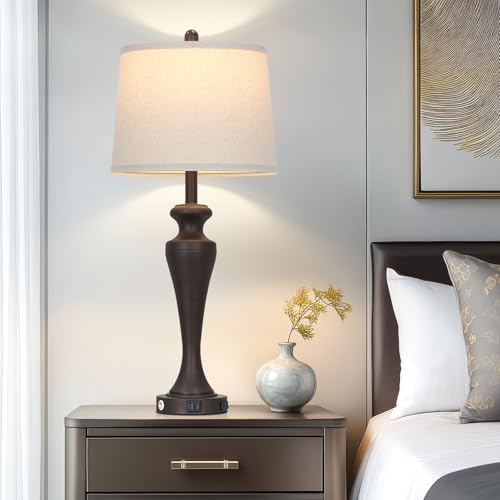 CINSARY 30-Inch Brown Set of 2 Modern Touch Control Table Lamps with USB & AC Outlet