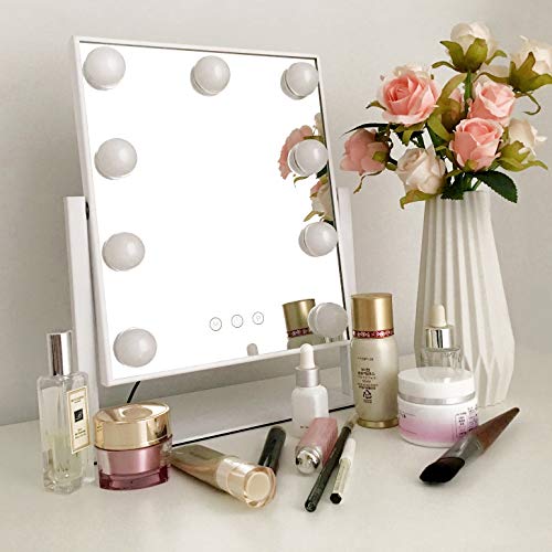 Lights Vanity Mirror, 14.5" L x 12" W LED Makeup Mirror with 9 LED Lights,3 Modes Light Modes&Touch Control Dimmable Tabletop Makeup Mirror,Detachable 10X Magnification,360¡ÆRotation (White)