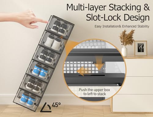 Kuject XXX-Large Clear Stackable Shoe Storage Boxes 12 Pack - Black