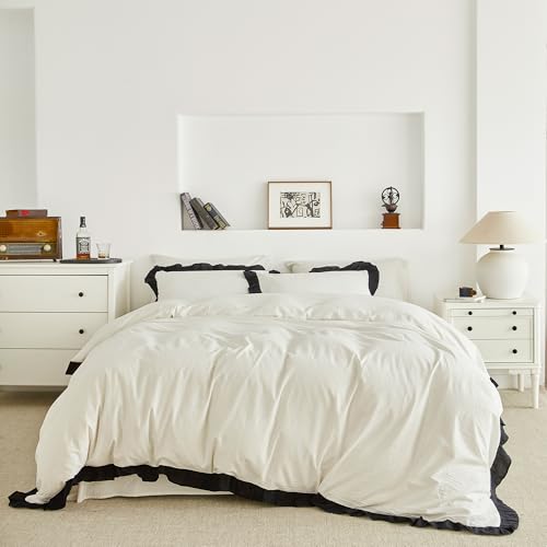 Queen Ruffle Duvet Cover Set Black and White Washed Cotton with Pillow Shams - Farmhouse Style
