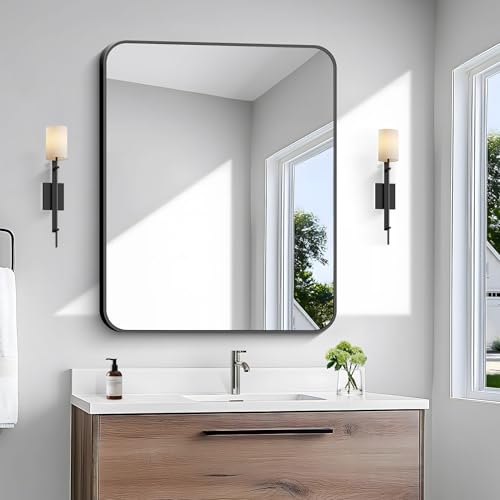 30x36 Inch Black Bathroom Mirror - Rounded Corner Wall Mount Vanity Mirror with Frame, Horizontal or Vertical Hang, Safety Glass