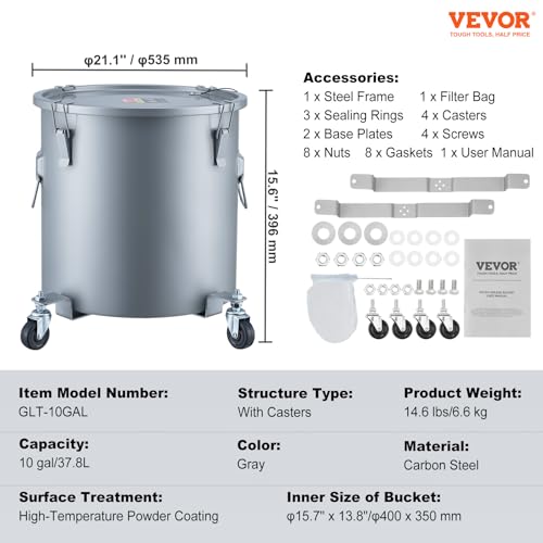 10 Gallon Fryer Grease Bucket - Silver Gray Oil Disposal Container with Filter & Lock Clips