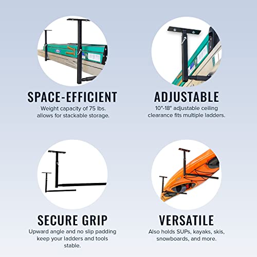 StoreYourBoard Adjustable Overhead Ladder Rack - Garage Ceiling Storage, Single