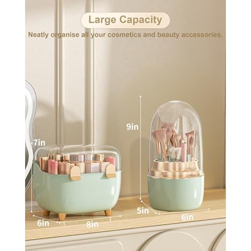 Makeup Brush Holder 360 Rotating, [Upgrade & with Cover] Makeup Brush Organizer for Vanity Countertop Bathroom (Green)