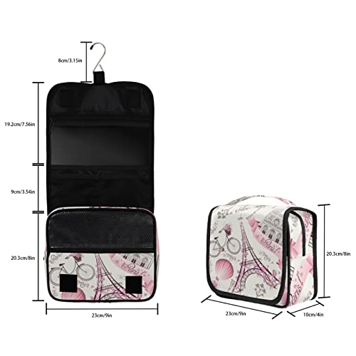 AUUXVA Hanging Toiletry Bag for Women, Paris Eiffel Tower Makeup Bag, Floral Flower Cosmetic Bag, Travel Essentials for Women Men