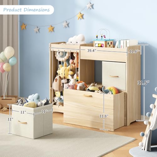 Kids Toy Storage Organizer with Stuffed Animal Shelf - Burlywood Kids Toy Shelf with 2 Drawers & Rolling Chest