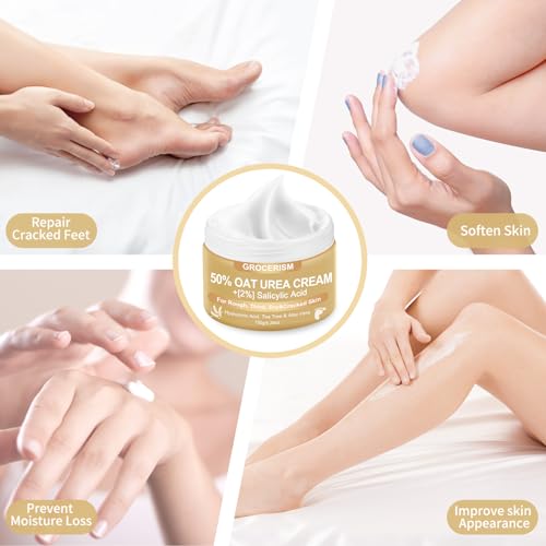Grocerism Urea Cream 50 Percent for Feet 10.58 oz with Oat and 2% Salicylic Acid, Foot & Hand Cream included Hyaluronic Acid, Tea Tree and Aloe Vera for Deep Moisturizing, Callus Removing