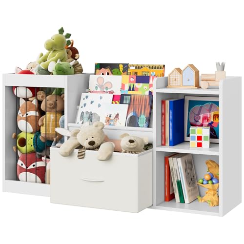 Kids Bookshelf with Stuffed Animal Storage - 3-Tier Organizer, Large Fabric Drawer, White