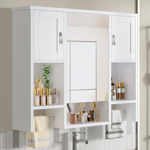 Large Bathroom Wall Cabinet with Mirror & Towel Bars, Storage Shelf, White