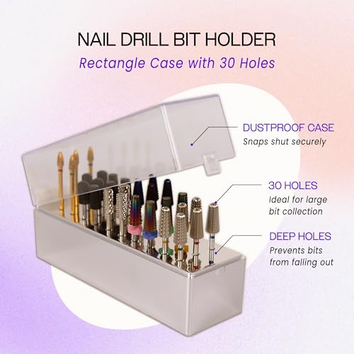 PANA Rectangle Nail Drill Bit Holder Display Organizer Case - Dustproof Carbide Bit Storage Container Box For Manicure Tools Nail Salon - 30 Holes Silver (Drill Bits Not Included)