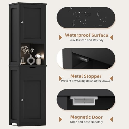 Tall Bathroom Storage Cabinet - Narrow Slim Black Cabinet with Drawers & Shelves - Corner Unit