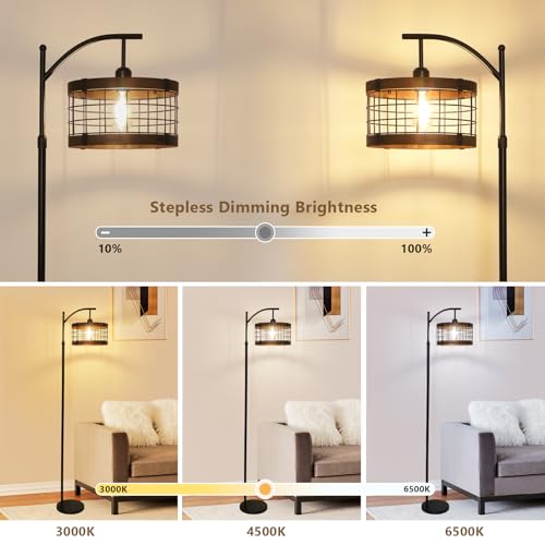 Vintage Industrial Floor Lamp with Remote Dimmable LED, Rustic Tall Standing Light for Living Room & Bedroom