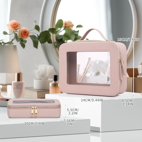 Clear Makeup & Brush Bag Set - Slim Travel Toiletry Organizer with Handle