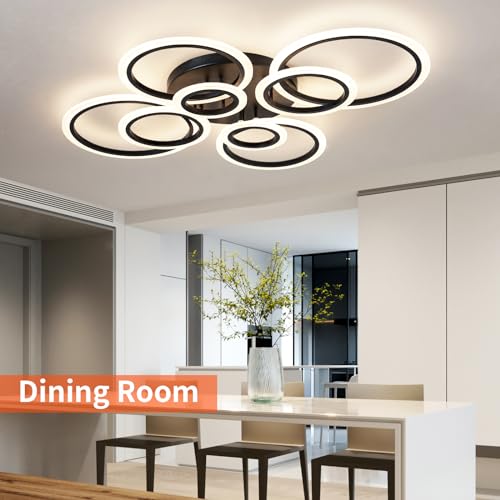 Modern Black Ceiling Light with 8 Rings - Dimmable LED Flush Mount Fixture with Remote