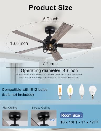 46 Inch Farmhouse Ceiling Fan with Lights and Remote Control - Rustic Style