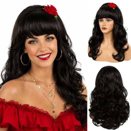 MEDISIFA Natural Black Wavy Wig with Bangs & Rose Clip (Dark) – 290g, Heat-Resistant Synthetic