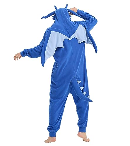 Focupaja Adult Dragon Onesie Pajamas - Medium Blue Animal Cosplay Jumpsuit