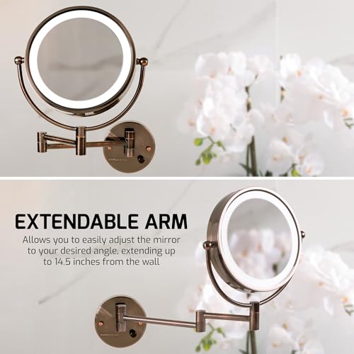 OVENTE Wall Mounted Lighted Makeup Vanity Mirror, 9" Hard Wired Double Sided 1X/7X Magnifying Bathroom Mirror, Dimmable LED Lights, 360¡Æ Rotation and 14" Extendable Arm, Antique Brass MPWD3185AB1X7X