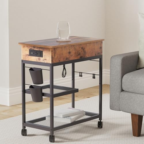 Rustic Brown Lift Top End Table with Charging Station & Wheels