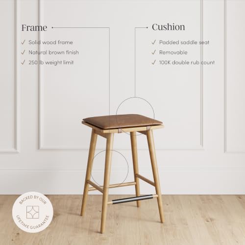 Light Brown Counter Height Wood Bar Stool with Leather Removable Cushion - 24 Inch