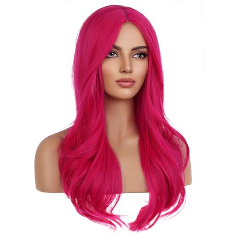 Hot Pink Curly Wavy Wigs for Women - Long Synthetic Heat-Resistant Hair Extension