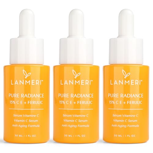 Lanmeri Vitamin C Face Serum 3pack- CE Ferulic Facial Serum with 15% Pure L-Ascorbic Acid, Ferulic Acid, Vitamin E, & Hyaluronic Acid - Anti Aging, Anti Wrinkle Skin Brightening Dark Spot Corrector