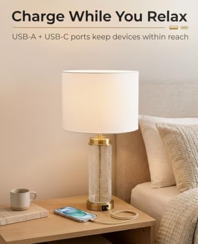 Set of 2 Modern Bedside Table Lamps with USB Charging Ports - 24.4 Inch Nightstand Lamps for Bedroom & Living Room