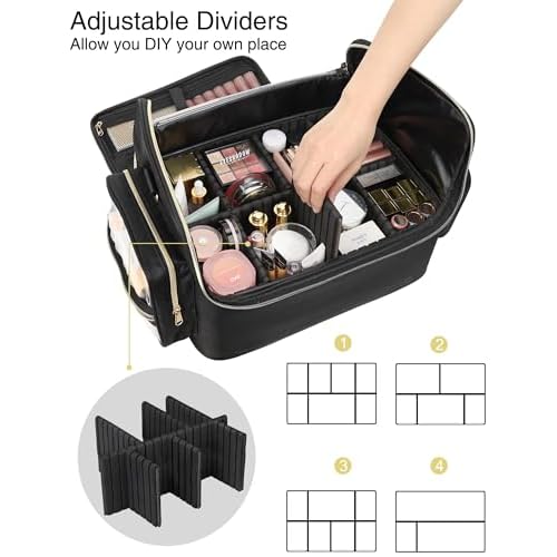 Professional Makeup Artist Bag, Extra Large Makeup Bag Organizer Travel Cosmetic Train Case Tattoo Case Makeup Organizer Box with Adjustable Dividers &Shoulder Straps(Black, Extra Large)