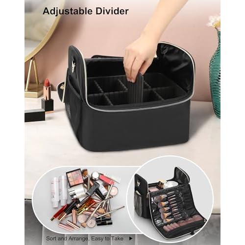 Large Makeup Carrying Train Case, Makeup Bag with 2 Small Bags, Professional Makeup Artist Bag Tattoo Case Travel Makeup Organizer Box with Adjustable Dividers and Shoulder Strap (Black)