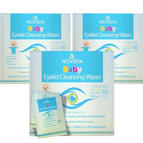 NOVEHA 180Pcs Baby Eyelid & Lash Wipes | Safe & Natural Pack of 60 Pre-moistened Wipes (3 Pack)