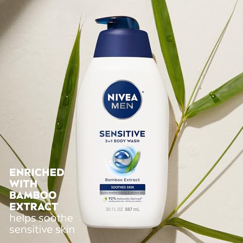 NIVEA MEN Sensitive Body Wash with Bamboo Extract, Moisturizing Body Wash for Sensitive Skin, Soap Free Shower Gel for Men with No Drying Alcohol, 30 Fl Oz Bottle