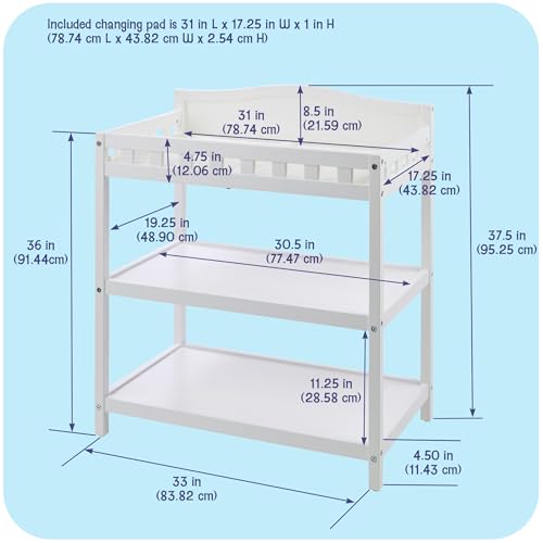 Baby Changing Table with Pad & Storage Shelves - White Nursery Furniture