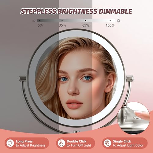 9" Lighted Makeup Mirror, 1X/20X Rechargeable Magnifying Mirror with 3 Color Dimmable Lights for Bedroom Tabletop, Base Charging and Switch, Women Gift
