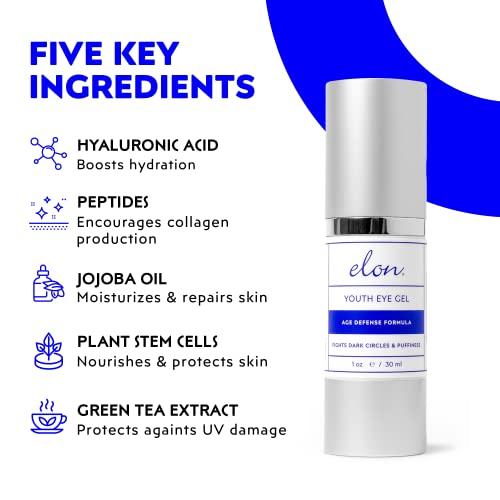 Elon Youth Under Eye Gel ? Hyaluronic Acid Gel w/MSM, Plant Stem Cells - Anti Aging to Fight Dark Circles? Under Eye Puffiness Reducer? For All Skin Types, No Fragrance or Parabens (1oz/30ml)