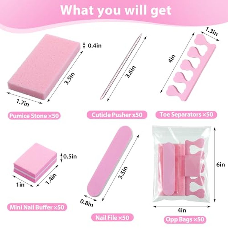 50 Sets Disposable Pedicure Kit Individually Package 5 in 1 Pedicure Tools Pumice Stone Nail File 80/100 Grit Mini Buffer Toe Separator Cuticle Pusher Clear Bag for Salon Home(Pink)
