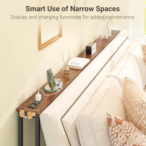 Rustic Brown Narrow Console Table with Outlets - 78.8 Inch Sofa Behind Couch