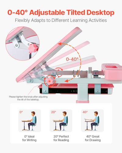 Kids Study Desk and Chair Set with Tilting Desktop and Table Lamp - Pink, Adjustable Height