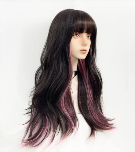 Colorful Long Wavy Synthetic Wig for Women with Bangs - Black, Brown & Pink