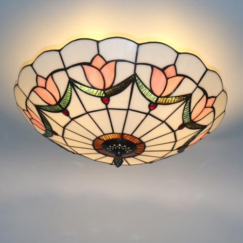 16 Inch Tiffany Style Stained Glass Ceiling Light Flush Mount Pink Variation