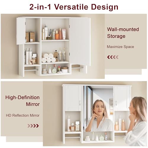 Large Bathroom Wall Cabinet with Mirror & Towel Bars, Storage Shelf, White