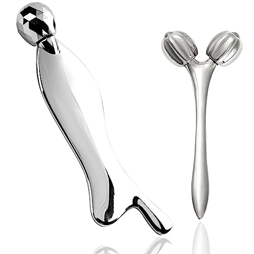 Face & Body Roller Massager - Guasha Tool for Face, Neck & Eyes, Stainless Steel, Chin Lift, Skin Tightening (Silver White)
