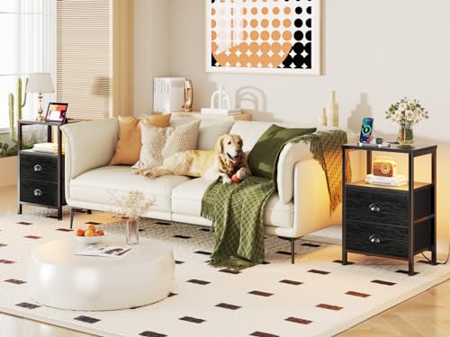 Furologee Black Oak Nightstand Set of 2 with LED Lights & Charging Stations