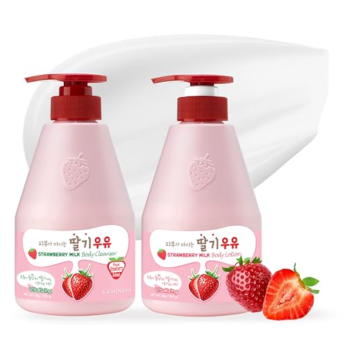 WELCOS Kwailnara Strawberry Milk Body Lotion & Body Wash Set ? Moisturizing & Revitalizing Korean Skincare Bundle with Strawberry Extract, 560g / 19.75oz Each